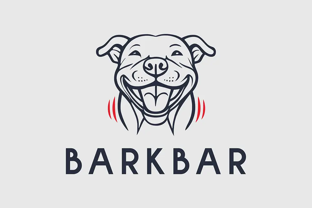 A pet shop logo showing a happy, smiling dog with bold outlines, flanked by red sound wave marks. Below the illustration, the word "BARKBAR" is written in an all-caps, geometric sans-serif font.
