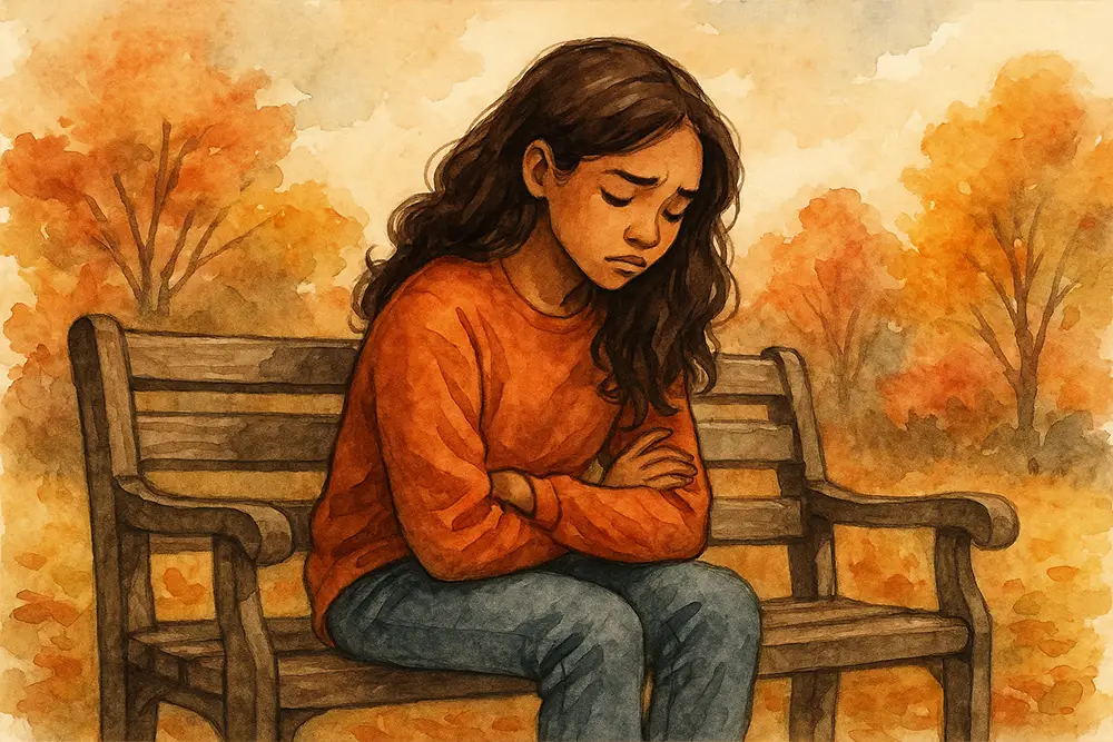 A watercolor illustration of a young woman sitting alone on a wooden bench during autumn, wearing a burnt-orange sweater with a thoughtful, introspective expression.