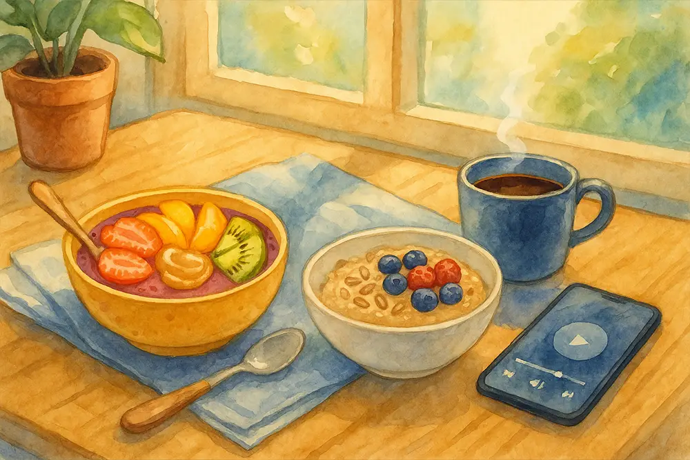 A whimsical watercolor illustration of a cozy breakfast scene with a smoothie bowl topped with tropical fruits, a bowl of oatmeal with berries and seeds, a steaming mug of black coffee, and a smartphone displaying a podcast player, all set on a wooden table by a sunlit window.