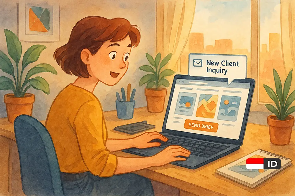 Freelancer receiving a client inquiry on their design portfolio website in a cozy, sunlit workspace.