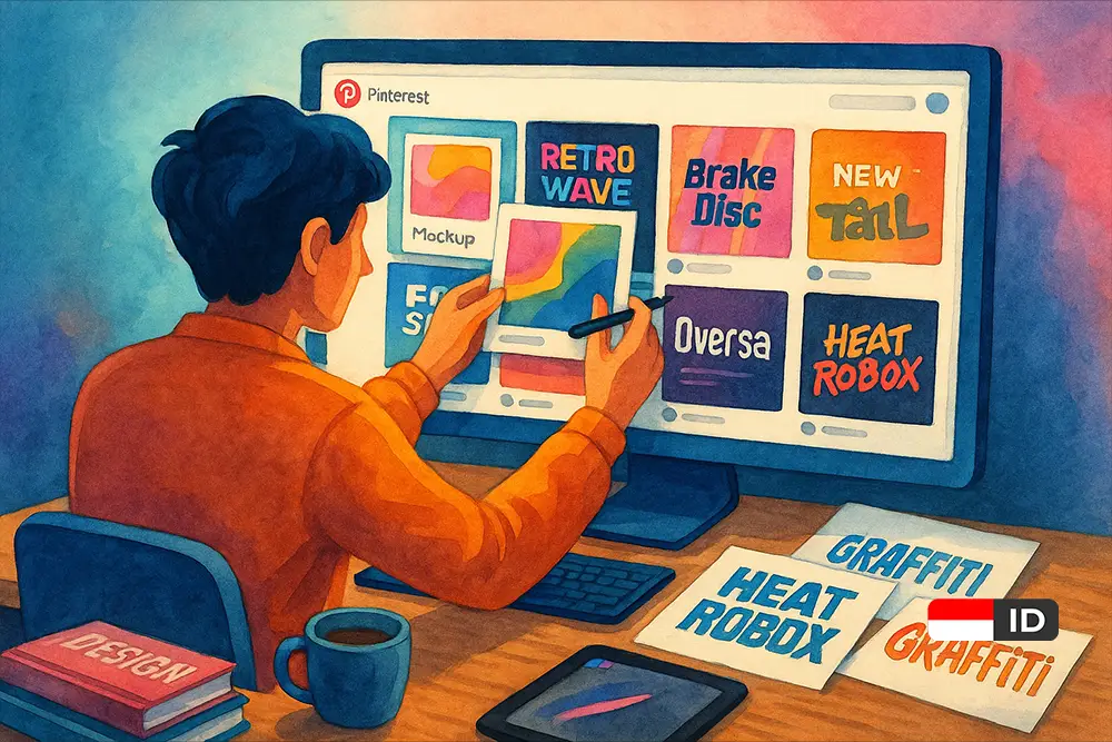 Illustration of a creative designer pinning futuristic and graffiti fonts on Pinterest in a vibrant digital workspace