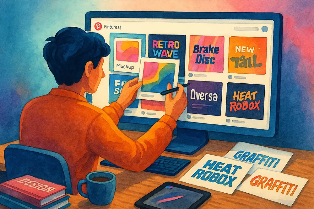 Illustration of a creative designer pinning futuristic and graffiti fonts on Pinterest in a vibrant digital workspace