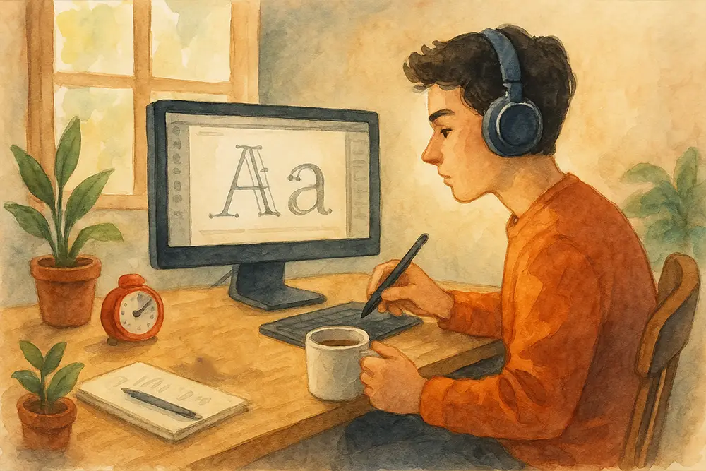 A watercolor illustration of a focused designer wearing headphones, working on vector letterforms on a computer screen. The desk is tidy with a coffee mug, Pomodoro timer, stylus, and notebook, all bathed in warm morning sunlight.