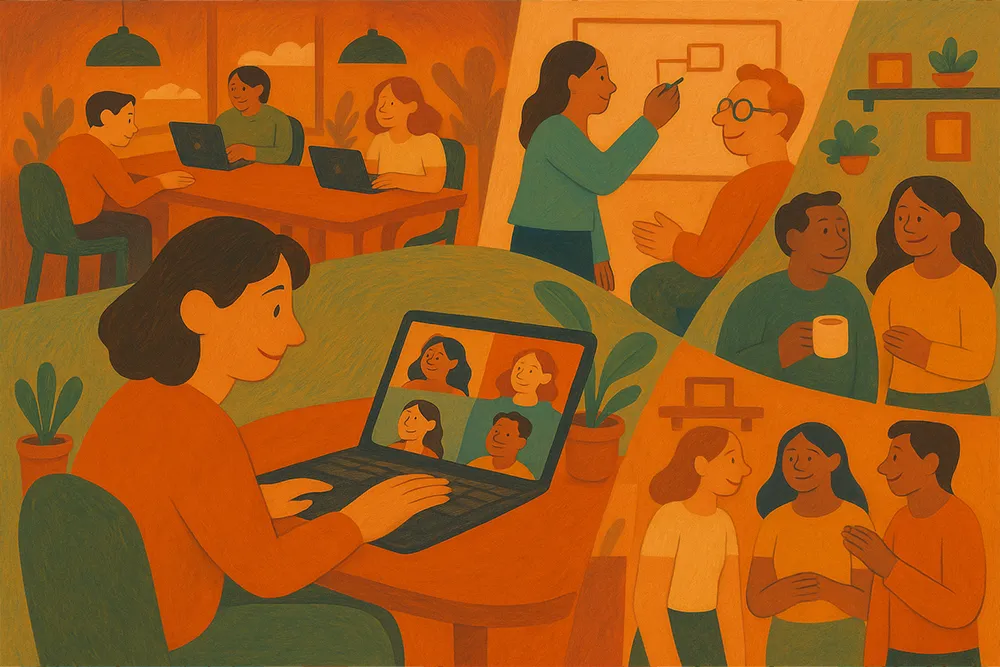 An illustration in warm, earthy tones shows various scenes of people connecting: a woman on a video call with four others, a group collaborating in a coworking space, two people chatting over coffee, and others engaging in friendly conversations and creative teamwork.