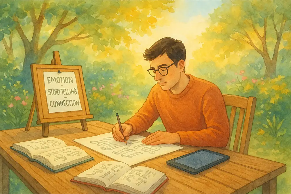 A warm watercolor illustration of a font designer sketching letterforms at a wooden garden table, surrounded by typography books, a vision board with emotional keywords, and colorful outdoor scenery under soft morning sunlight.