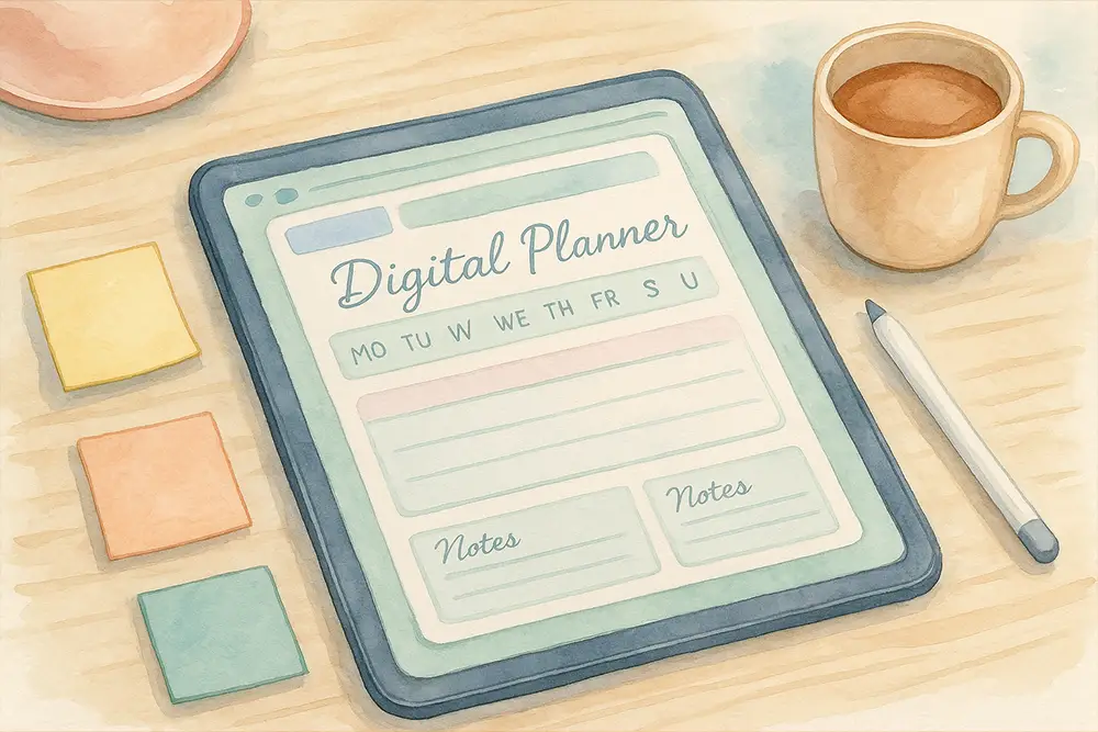 Whimsical watercolor scene of a cozy digital workspace using aesthetic fonts in a planner app on an iPad.