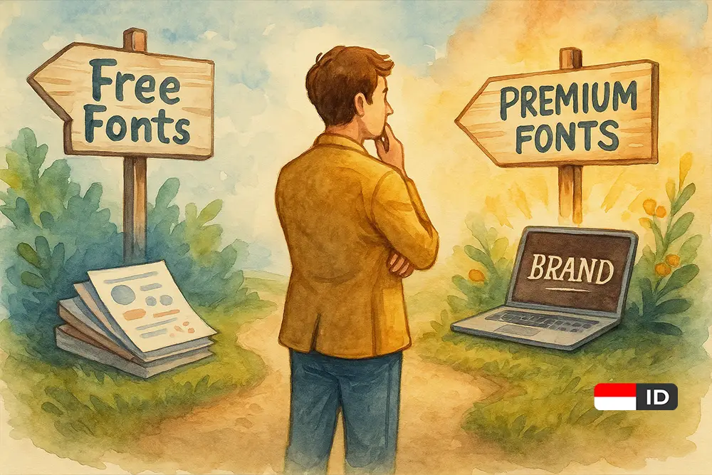 Ilustrasi whimsical bergaya watercolor yang menggambarkan perbedaan antara penggunaan font gratis dan font berbayar untuk branding bisnis.