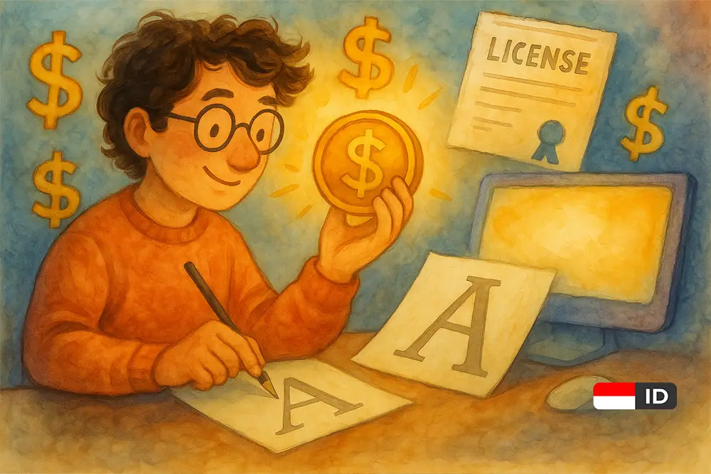 Ilustrasi watercolor whimsical tentang desainer yang mendapat penghasilan pasif dari font digital.