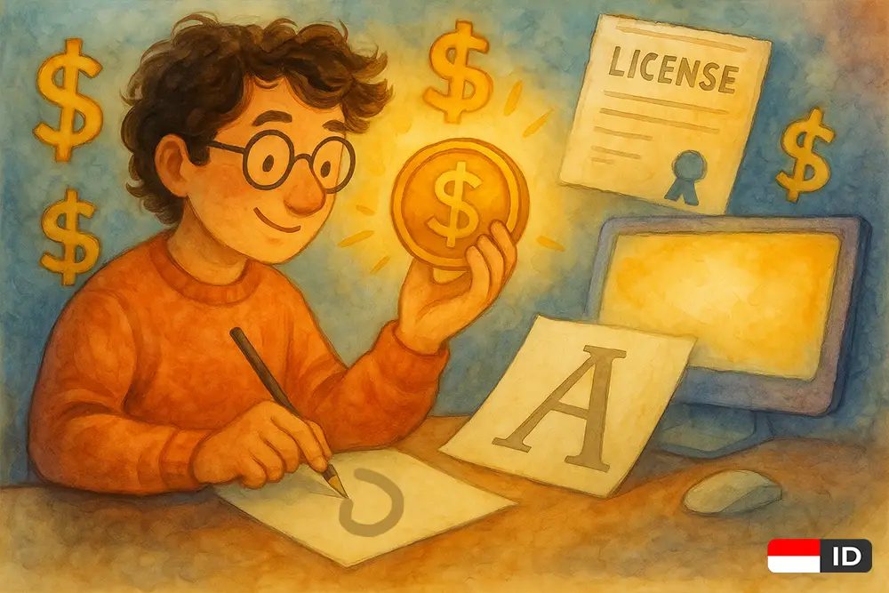 Ilustrasi watercolor whimsical tentang desainer yang mendapat penghasilan pasif dari font digital.