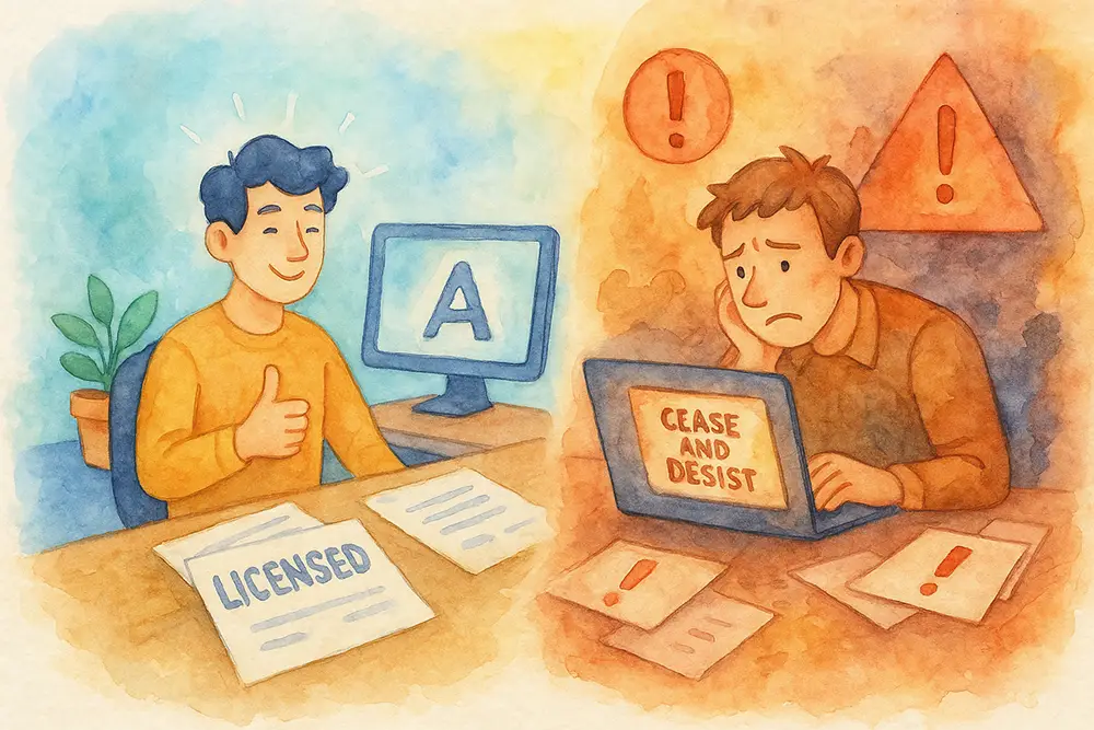 Watercolor illustration showing a split scene: on the left, a smiling designer at a desk with a “LICENSED” document and a glowing monitor; on the right, a worried individual facing a “CEASE AND DESIST” notice with warning signs.
