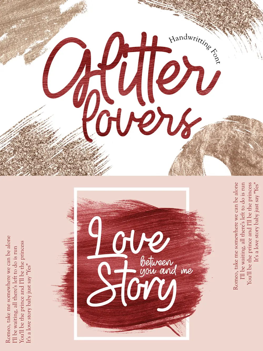 Cover image of the "Glitter Lovers" handwritten font, featuring playful red script text with glitter brush accents and a romantic message reading "Love Story between you and me" on a textured red paint background.
