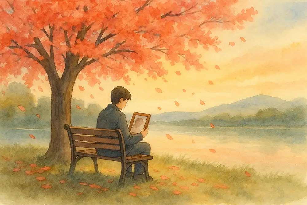 Watercolor illustration of a person sitting alone on a park bench under a blooming cherry tree at sunset, holding a framed photo, symbolizing grief and remembrance.