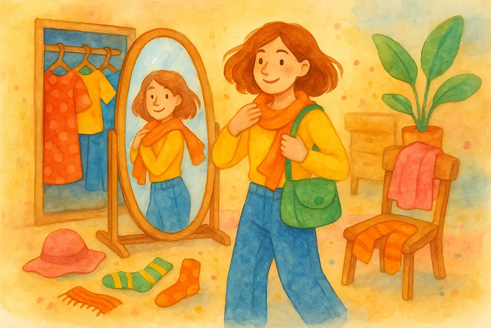 Watercolor illustration of a young woman trying on colorful clothes in her bedroom, smiling in front of a mirror with bright accessories scattered around her, representing the playful spirit of starting dopamine dressing.