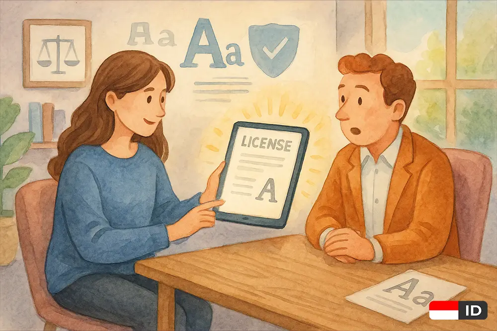 Ilustrasi watercolor whimsical tentang desainer yang menjelaskan lisensi font ke klien dalam suasana hangat dan profesional.