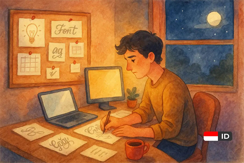 Ilustrasi watercolor seorang desainer fokus bekerja malam hari di studio, dengan papan visi, sketsa font, dan suasana malam yang tenang di luar jendela.