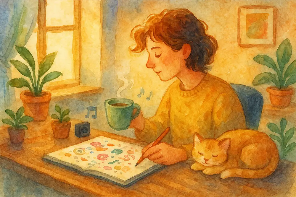 An illustration of a cozy morning scene where a person sketches in a notebook while sipping coffee, with a cat curled up beside them and sunlight pouring through the window.