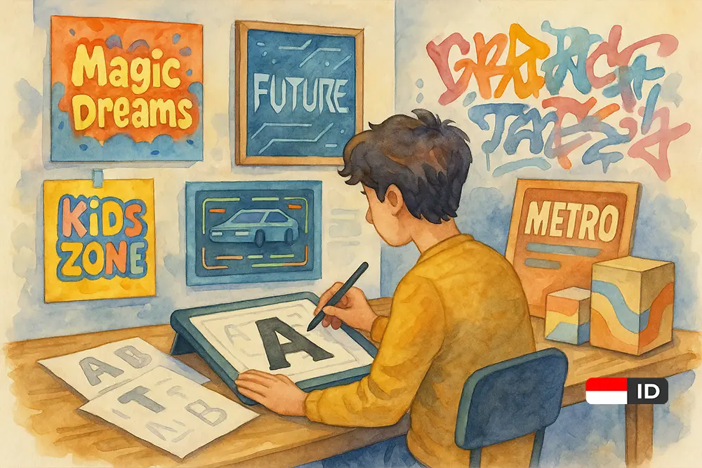 Ilustrasi watercolor whimsical tentang proses kreatif pembuatan font display—mulai dari sketsa hingga desain font komik, techno, dan graffiti.