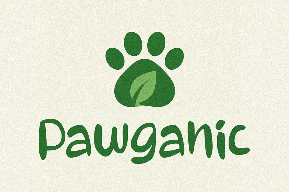 A green paw print with a leaf integrated into the center pad, symbolizing natural and eco-friendly pet care. Below it, the brand name “Pawganic” is written in a playful handwritten font.