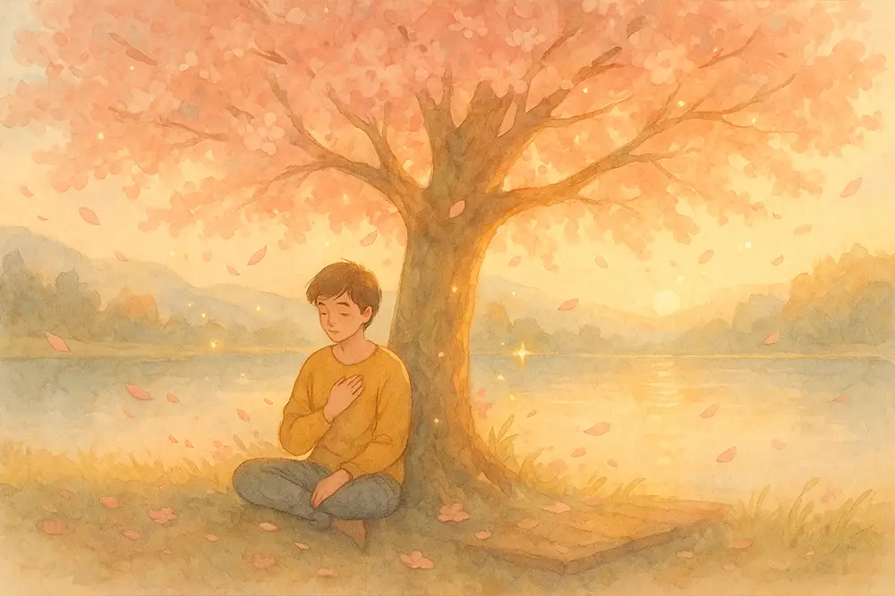 A heartfelt watercolor illustration of a person sitting under a blooming pink tree by a calm lake at sunset. Soft petals fall gently, golden rays filter through the branches, and the scene radiates comfort, emotional healing, and quiet strength.