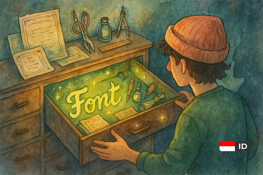 Ilustrasi watercolor whimsical tentang rahasia sukses jualan font di marketplace.