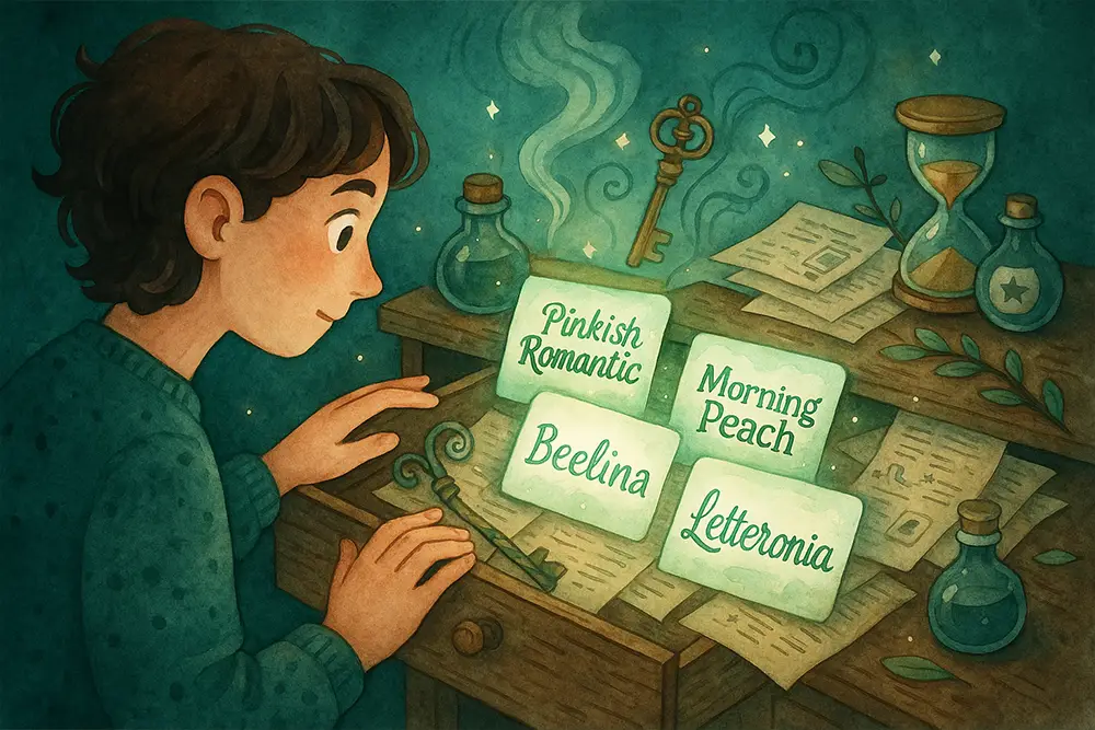 Ilustrasi bergaya fantasi menunjukkan seorang anak laki-laki yang tersenyum sambil melihat ke arah beberapa kartu bercahaya yang terletak di atas meja kayu antik. Di kartu tersebut tertulis berbagai nama font seperti "Pinkish Romantic", "Morning Peach", "Beelina", dan "Letteronia". Meja dipenuhi dengan kertas, botol ramuan, kunci kuno, dan jam pasir, menciptakan suasana magis di ruangan bernuansa hijau kebiruan yang hangat dan misterius.