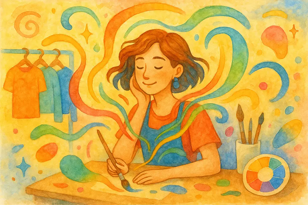 A whimsical watercolor illustration of a woman painting joyfully at a desk, surrounded by swirling colorful shapes representing creativity. A color wheel, paintbrushes, and vibrant clothing in the background highlight the role of color in artistic expression.