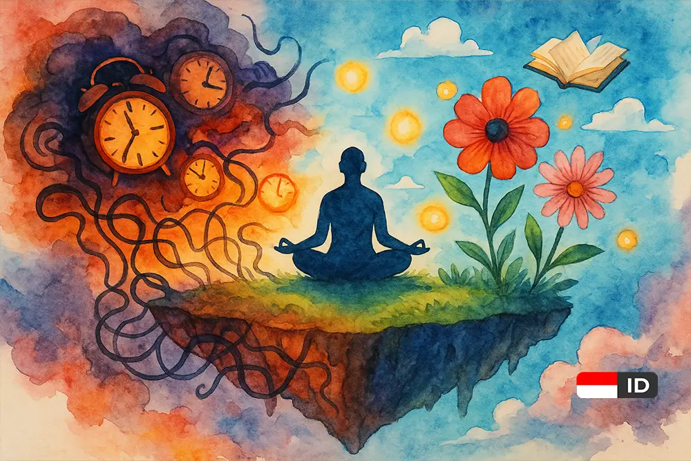 Ilustrasi abstrak watercolor menggambarkan keseimbangan kesehatan mental freelancer, dengan pulau mengambang di langit; sisi kiri penuh tekanan deadline dan jam, sisi kanan tenang dengan bunga, cahaya hangat, dan sosok meditasi.
