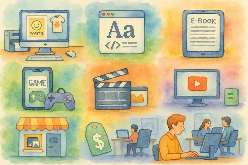 Watercolor illustration featuring seven distinct scenes, each representing a different font license type: desktop publishing, web design, e-book, gaming app, video production, digital marketplace, and a corporate office team.