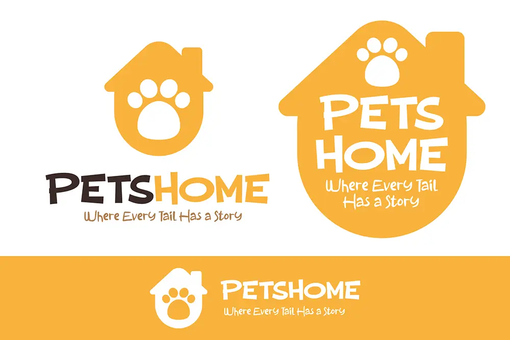 A pet shop logo featuring a stylized yellow house with a white paw print inside, accompanied by the bold text "PETSHOME" using a playful font. Below the main text is the tagline "Where Every Tail Has a Story" in a handwritten-style font.