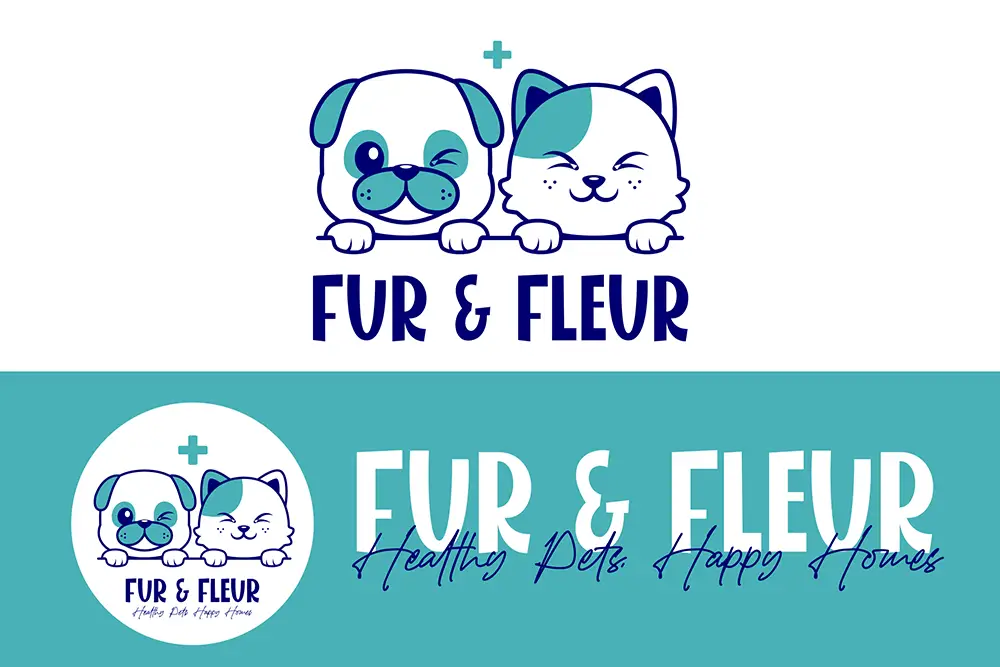 A pet shop logo featuring a winking dog and a smiling cat drawn in a cute, cartoon style. Above them is a medical cross symbol. The text "FUR & FLEUR" appears in bold, playful letters, and the slogan "Healthy Pets, Happy Homes" is written below in a handwritten script.