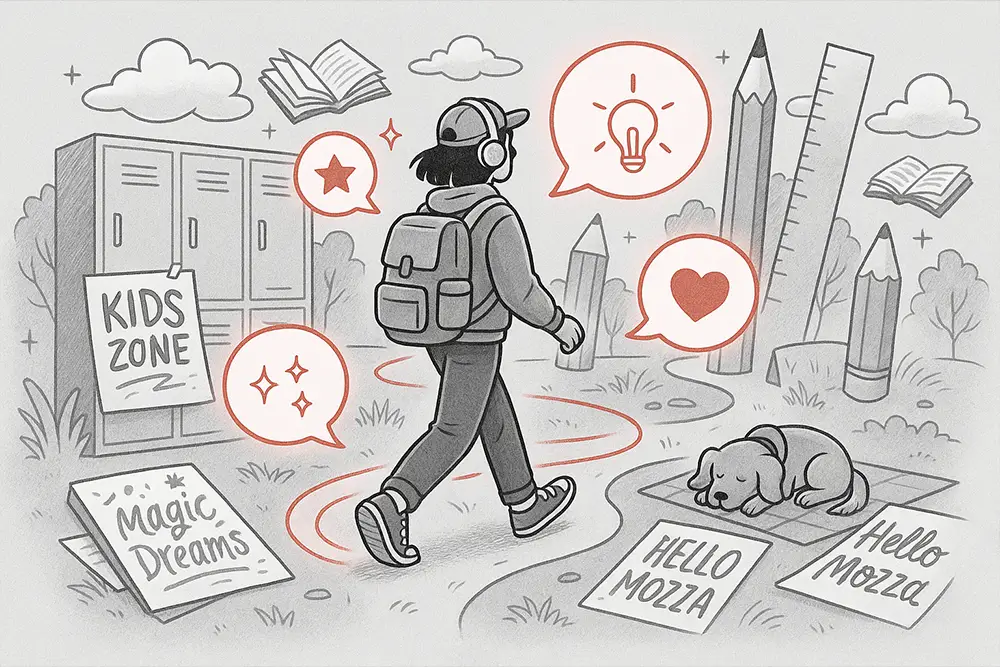 A black-and-white digital line art illustration with soft red accents (1536×1024). The scene shows a cheerful student walking confidently through a whimsical schoolyard filled with oversized books, floating red sparkles, pencils, and lockers. Around them, playful doodles like stars, light bulbs, and motivational icons float mid-air. A backpack swings on the student’s shoulder, and quote bubbles swirl upward in a trail of energy. The atmosphere is vibrant, imaginative, and back-to-school themed with a stylish, youthful twist.