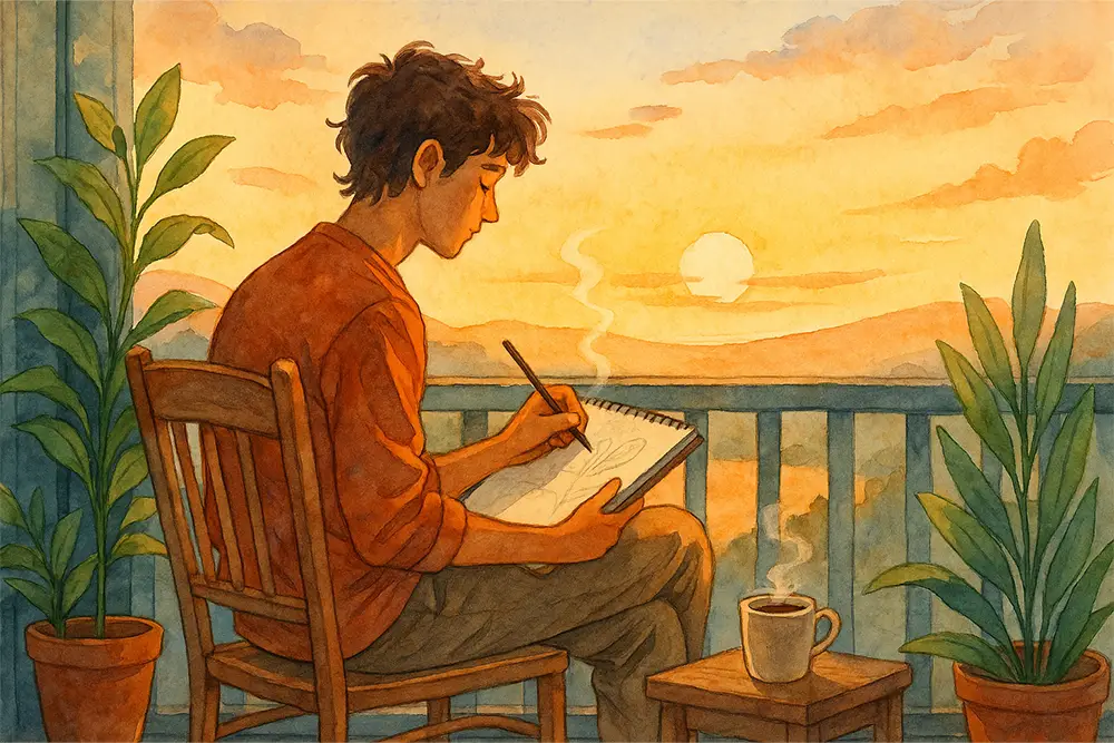 Designer sitting peacefully on a balcony, sketching in morning light after a creative reset
