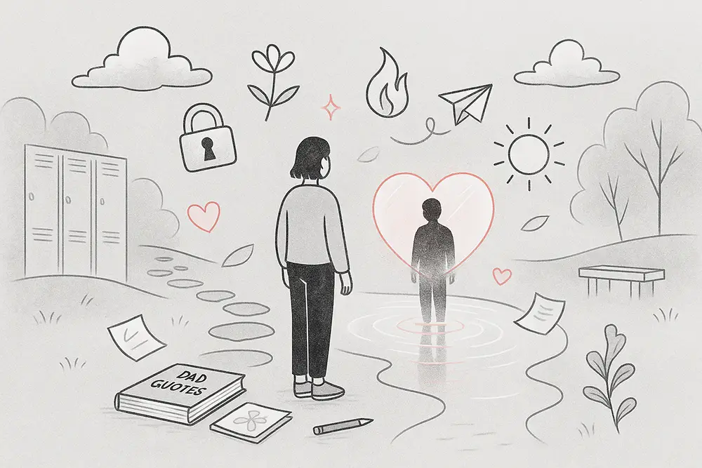 A black-and-white digital line art illustration with soft red accents (1536×1024). A solitary figure stands near a tranquil mirror-like pool, gazing at their glowing red reflection. Around them float symbolic elements like a lock, a blooming flower, and a rising sun, all against a light gray background.