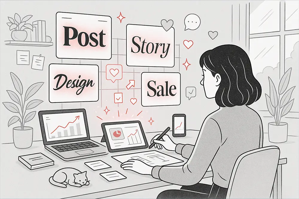 Black-and-white line art illustration with soft red accents of a stylish Instagram creator in a bright workspace, surrounded by floating social media post mockups with bold and elegant fonts, while monitoring rising engagement analytics on devices.