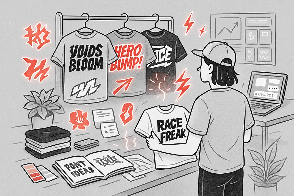 A detailed black-and-white digital line art illustration with soft red accents (1536×1024). The background features a light gray tone for clarity. A confident designer stands in a vibrant creative workspace filled with floating T-shirt designs. Each shirt displays bold, eye-catching fonts like “Hero Bump!,” “Voids Bloom,” and “Race Freak.” Around the designer, dynamic elements such as font previews, product mockups, and packaging tags orbit like tools of their trade. A red spark connects each font to a printed shirt, highlighting its commercial impact. The overall scene evokes a sense of style, energy, and entrepreneurial creativity. No text in the image.