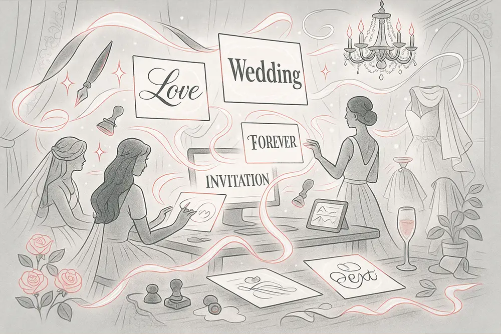 Black-and-white digital line art with soft red accents showing a romantic wedding scene where elegant glowing fonts float above an invitation table. The atmosphere feels timeless, graceful, and luxurious—perfect for representing the most elegant wedding fonts of 2025.