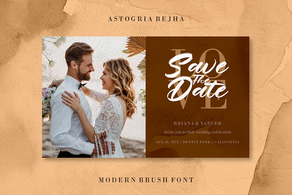Wedding invitation design featuring elegant modern brush lettering using the Astogria Bejha font, styled in warm earthy tones.