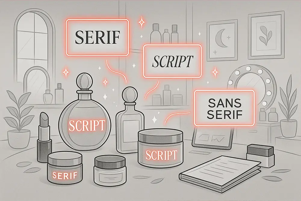 Elegant beauty studio scene with luxury products like perfume, skincare jars, and lipstick surrounded by glowing serif, script, and sans serif typography—highlighting the best 2025 fonts for beauty brands to elevate luxury.