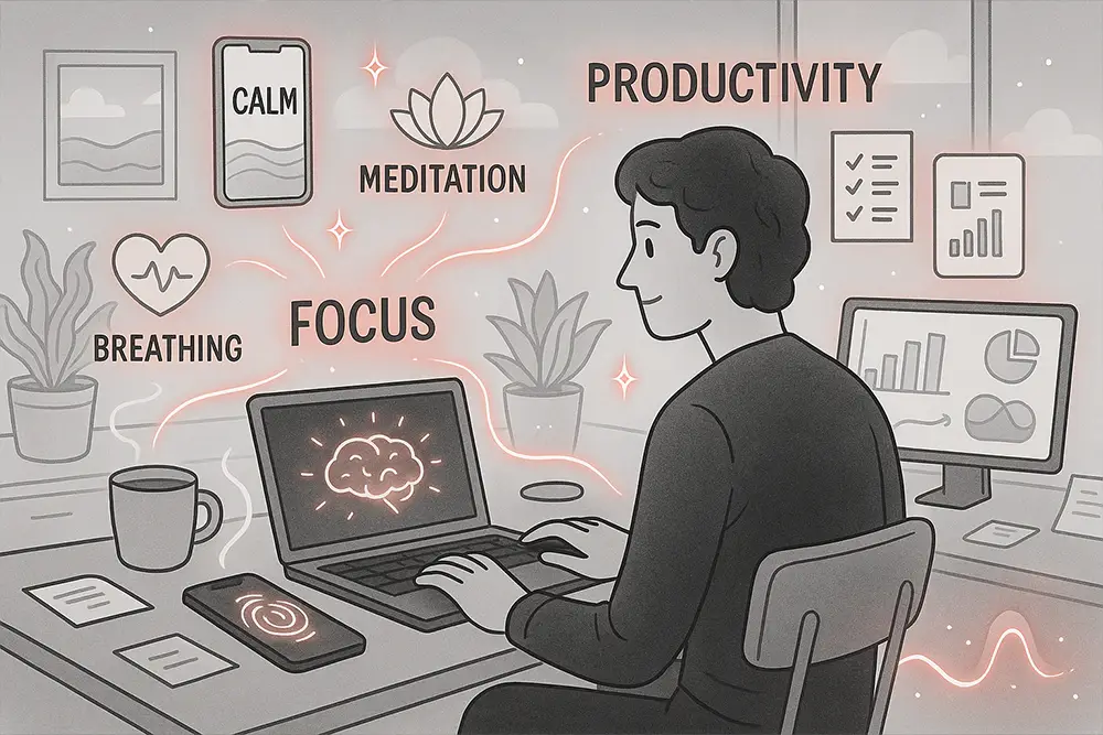 A freelancer using AI apps for stress management and productivity at a modern desk, surrounded by glowing icons for meditation, focus, breathing, and charts symbolizing freelance success.