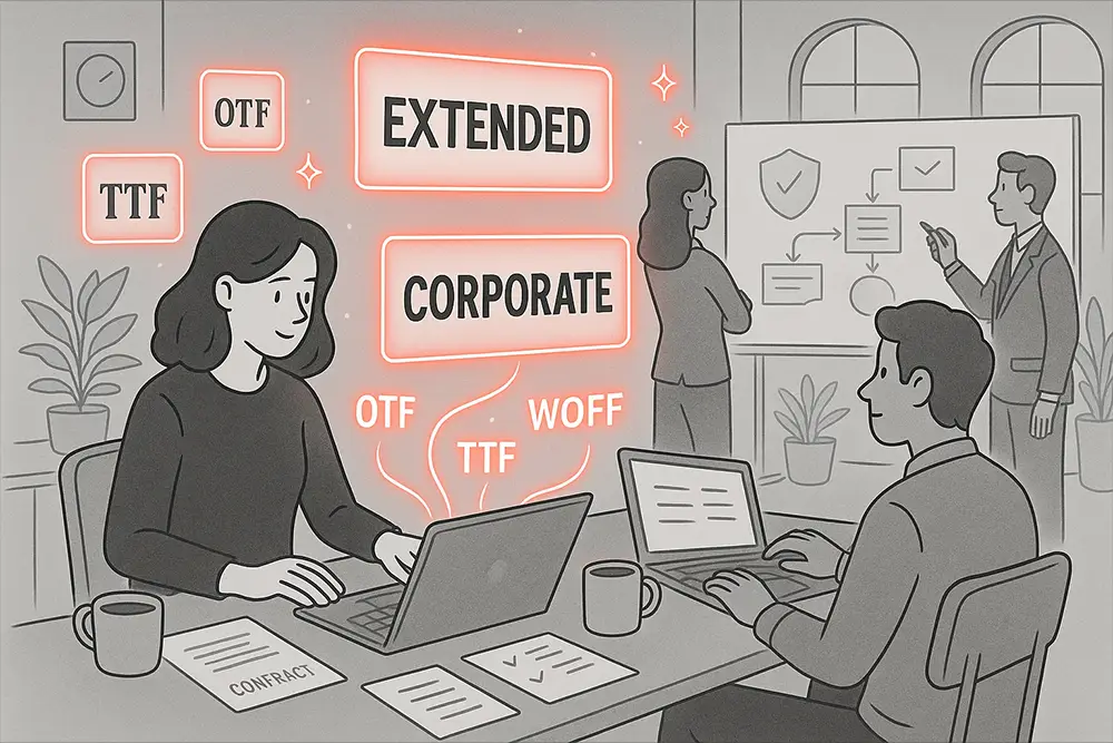 Illustration of freelancers and agencies reviewing font licenses with glowing typography elements symbolizing Standard, Extended, and Corporate licenses.