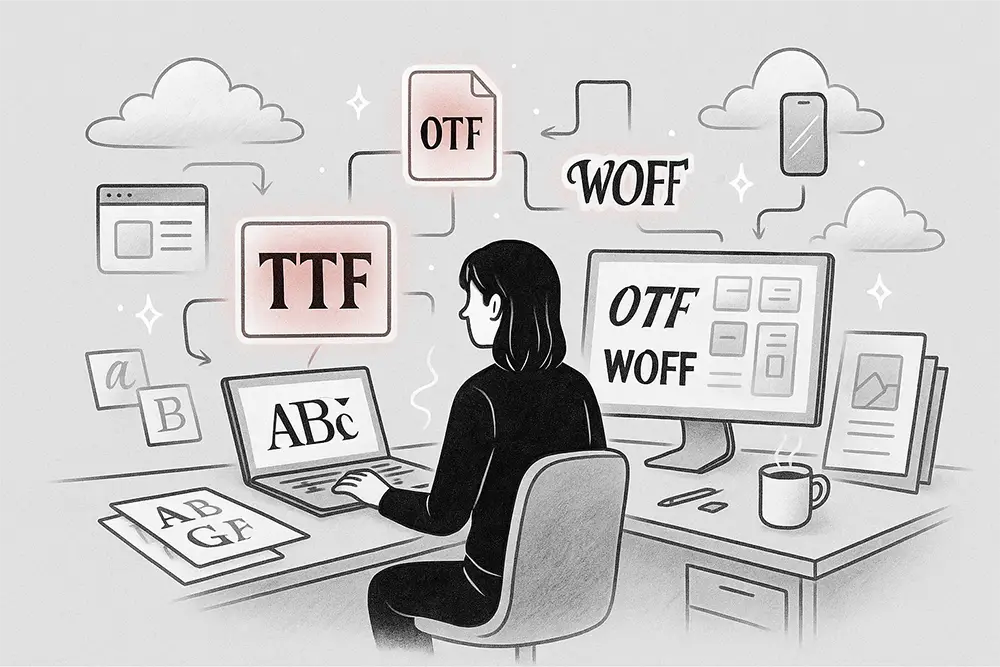 A black-and-white digital line art illustration with soft red highlights showing a designer at a modern desk choosing between TTF, OTF, and WOFF font file types, displayed on dual monitors with floating icons and font samples around them.