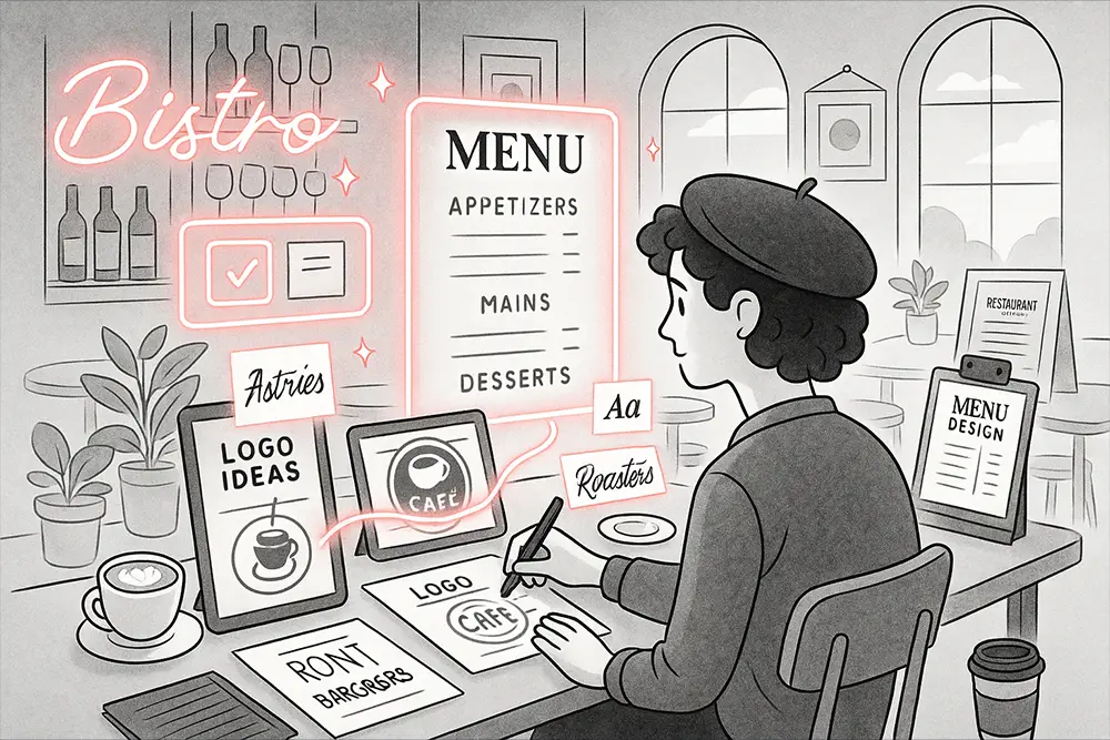 A black-and-white editorial illustration of a designer in a cozy café working on restaurant branding. The scene shows glowing neon menu boards, logo sketches, font pairings, and creative design elements that highlight café and bistro typography concepts.
