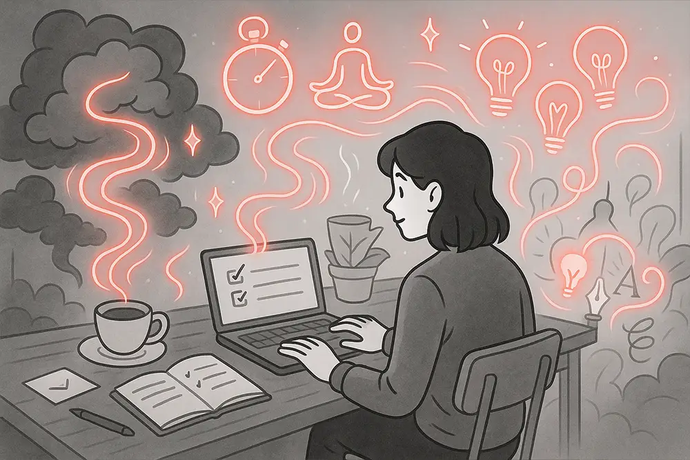 A freelancer at a calm workspace using laptop and notebook, surrounded by glowing icons of timer, meditation, and lightbulbs, symbolizing freelancer focus hacks that beat burnout and boost flow.