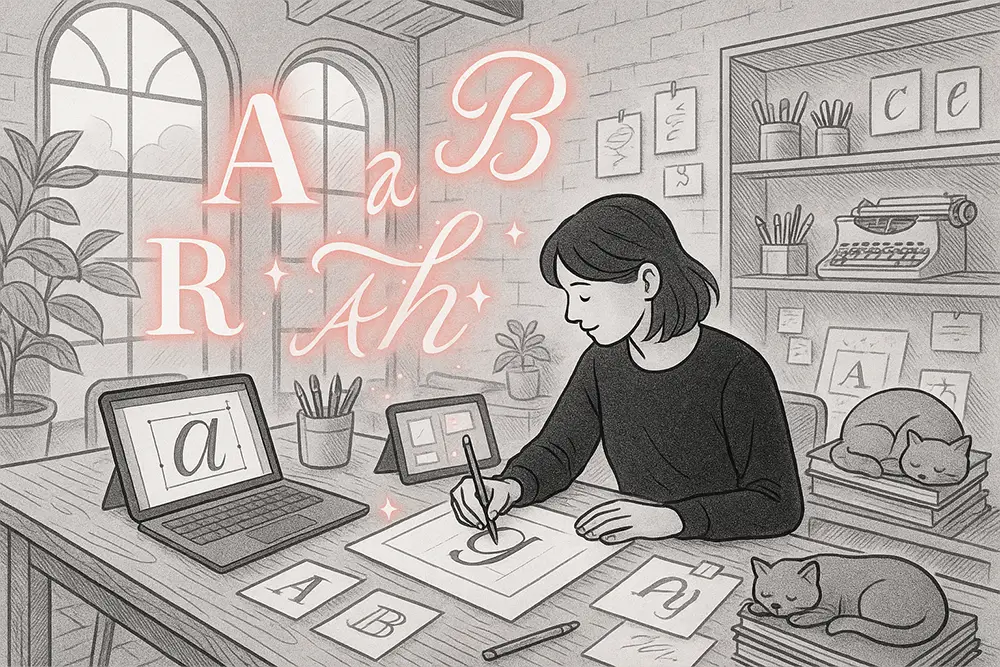 A black-and-white digital line art illustration with soft red accents showing a beginner font designer in a cozy loft, sketching letterforms at a wooden table while glowing letters float in the air. A tablet beside them displays a vector font outline, and a cat naps on stacked sketchbooks. The room is filled with pens, plants, typewriters, and calligraphy sheets.
