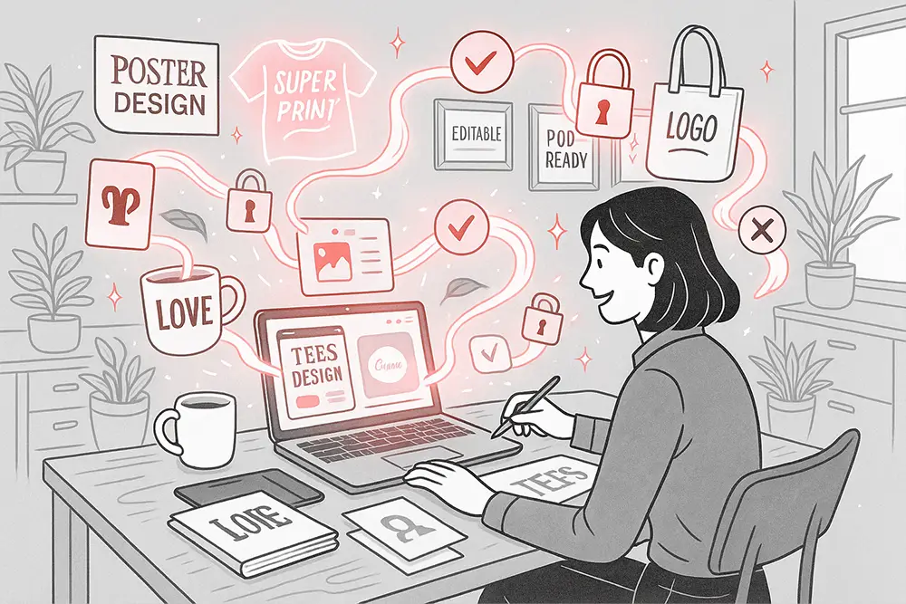 A black-and-white digital line art illustration with soft red accents showing a designer creating editable Canva templates while glowing font previews float around, symbolizing POD license creativity and compliance.
