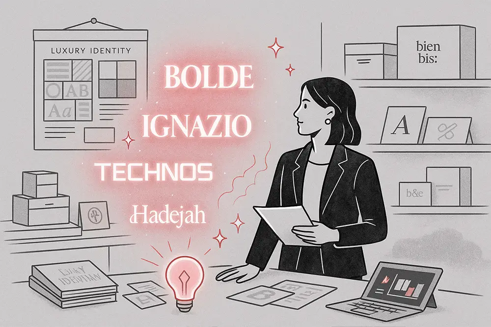 A black-and-white digital line art illustration with soft red accents (1536×1024). A confident brand designer adjusts glowing font previews on a sleek digital interface. Around them, elegant logo sketches float alongside font names like "Bolde," "Technos," and "Meta Futura." The background features a minimalist studio bathed in light gray, enhancing the modern and premium mood. No written text appears in the image.