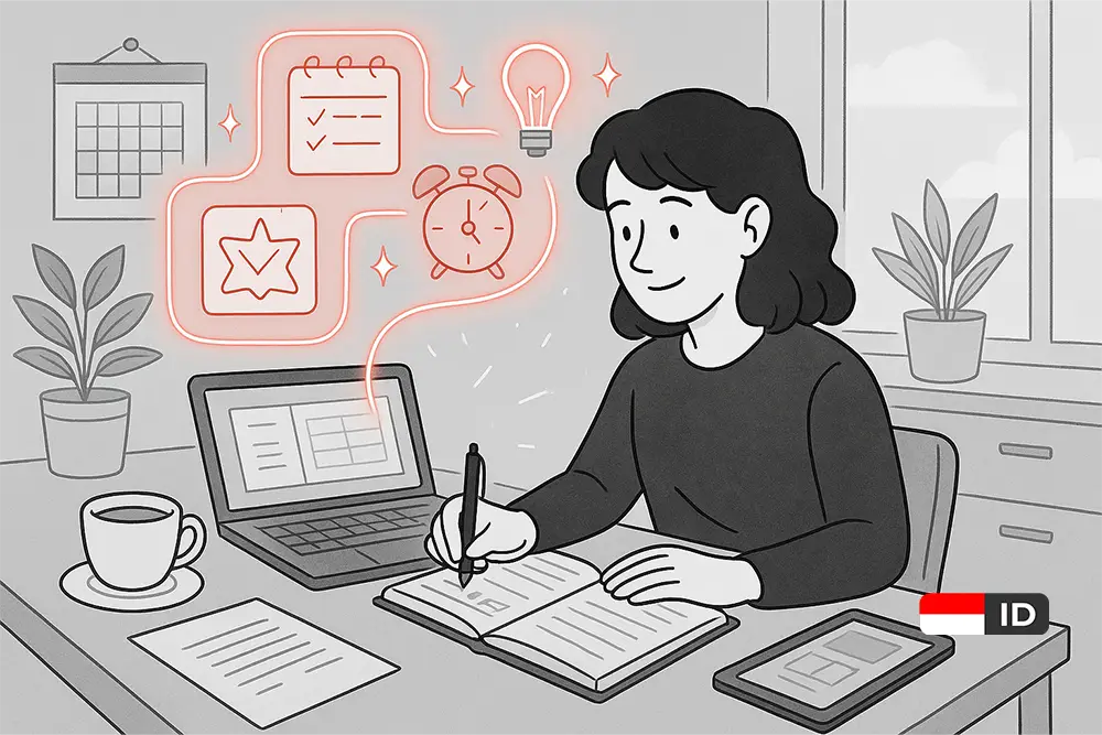 Seorang freelancer bekerja di meja kerja dengan laptop, planner, dan ikon bercahaya seperti kalender, checklist, jam, dan lampu ide—melambangkan konsistensi harian yang menghasilkan ide-ide brilian.