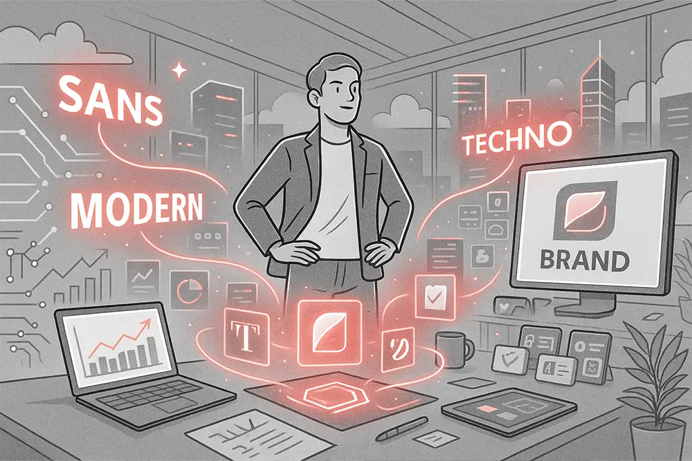 A black-and-white digital line art illustration with soft red accents (1536×1024, landscape). The scene shows a futuristic tech startup workspace where bold, modern fonts float as glowing elements around sleek laptops and holographic dashboards. A confident team reviews brand mockups infused with red highlights, symbolizing future-ready SaaS branding.