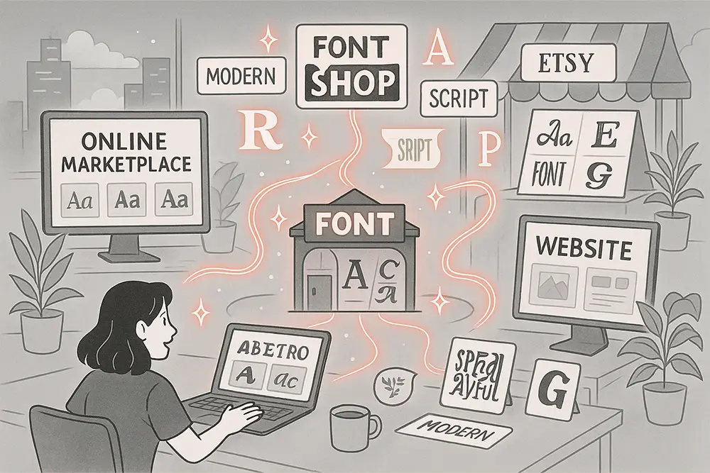 A creative font shop illustration with glowing paths leading to different marketplaces—online platform, Etsy craft booth, and independent website—symbolizing how designers can choose the best way to sell fonts.