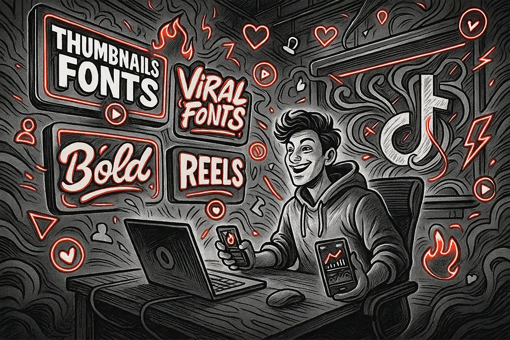 Black-and-white digital line art with glowing red accents showing a TikTok creator in a neon-inspired studio surrounded by viral fonts, reels icons, and engagement dashboards.